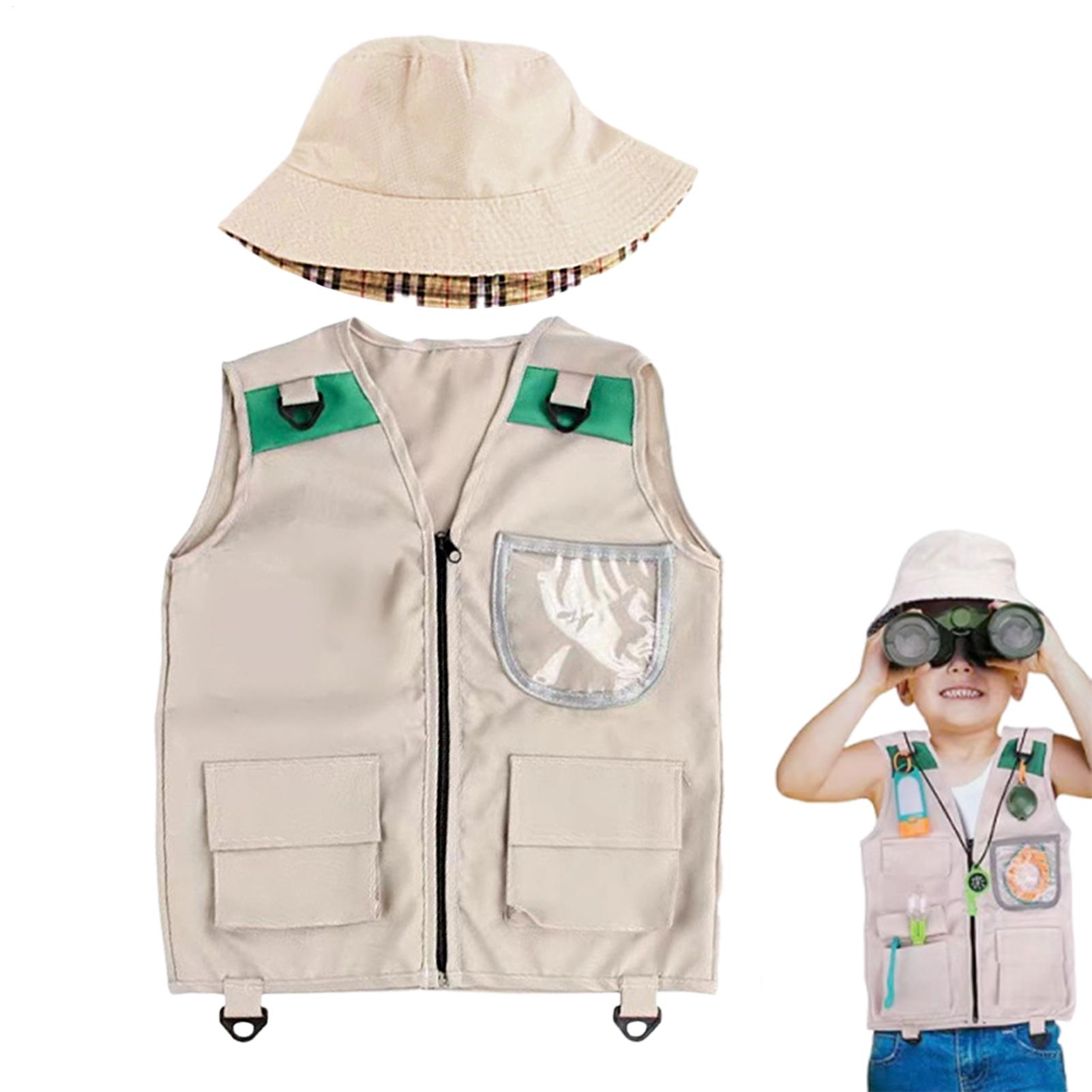 Outdoor Adventure Kit For Kids - ชุดนักสำรวจกลางแจ้งสำหรับเด็ก Safari, ชุดเสื้อกั๊กและหมวก, การผจญภัยในธรรมชาติในสวนหลังบ้าน, ชุดแต่งกายที่ซักได้สำหรับเด็กชายและเด็กหญิง