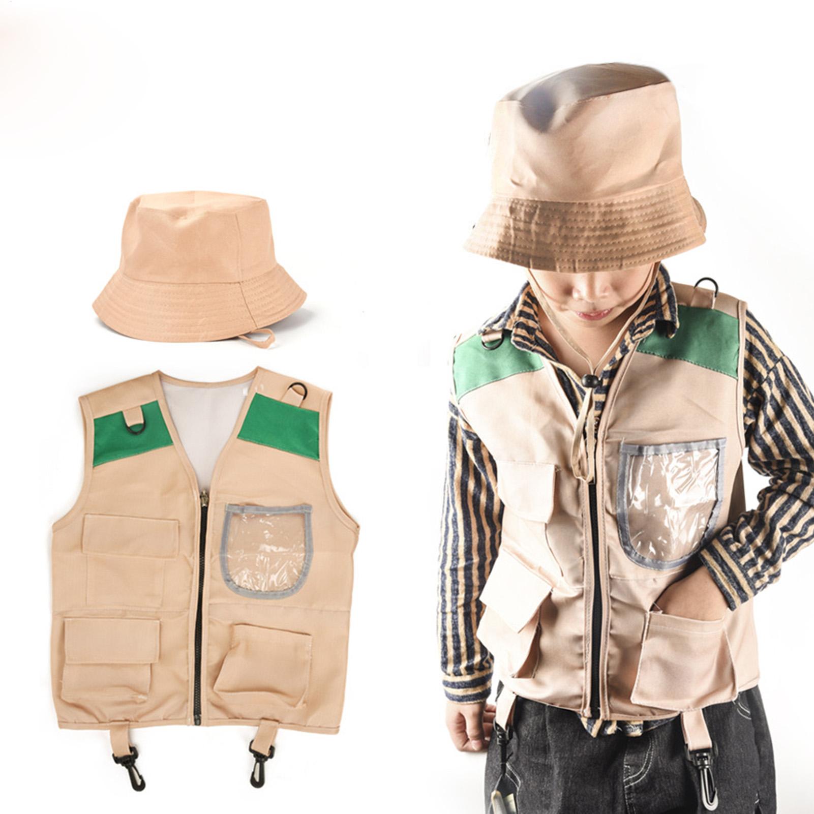Outdoor Adventure Outfit - ชุดหมวกและเสื้อกั๊กนักสำรวจสำหรับเด็ก ชุดเครื่องแต่งกายสำหรับเล่นบทบาทผจญภัยกลางแจ้ง ชุดเสื้อกั๊กผจญภัยสำหรับเด็กสำหรับตกปลา ตั้งแคมป์ และเดินป่า