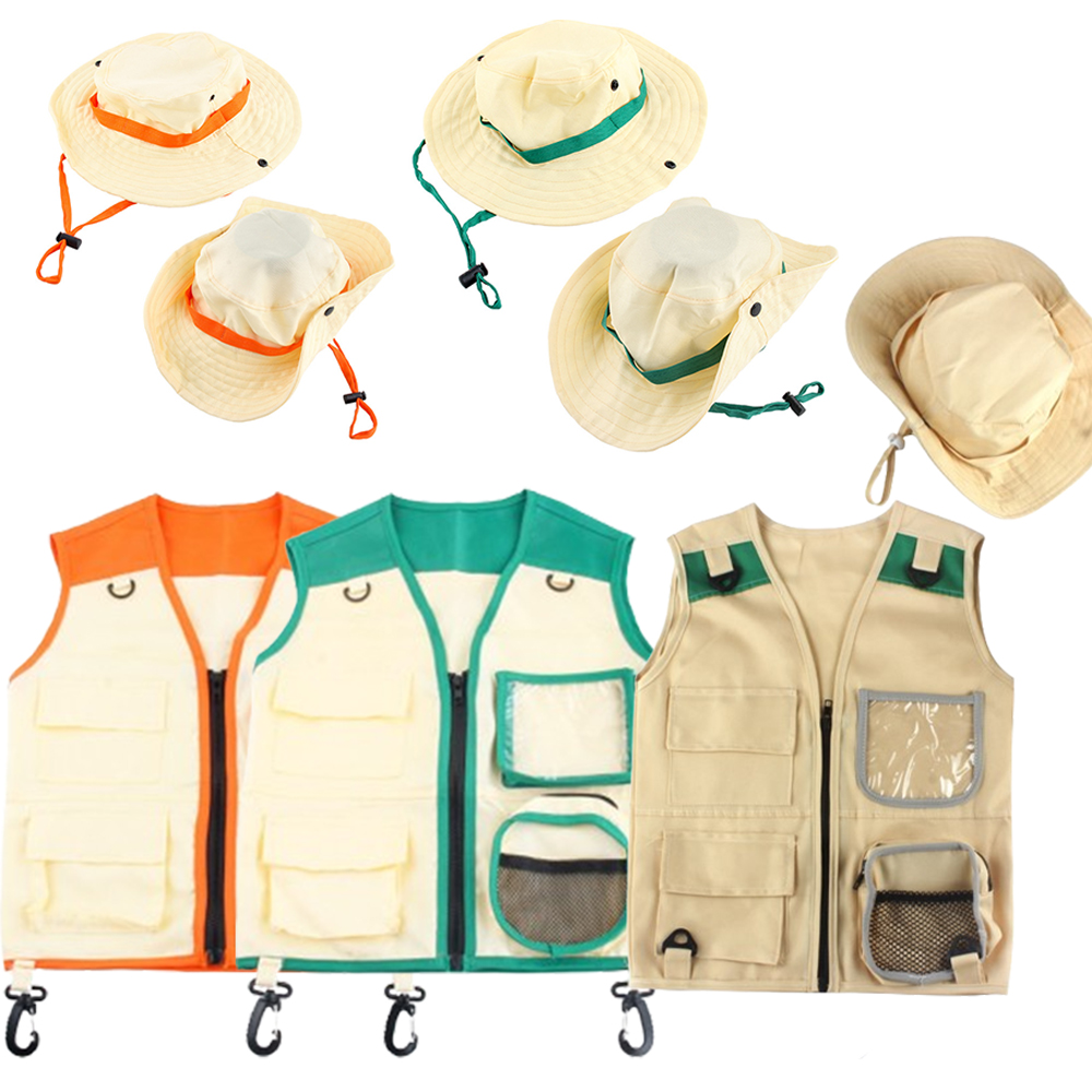 Outdoor Adventure Outfit - ชุดคอสตูมนักสำรวจสำหรับเด็ก พร้อมเสื้อกั๊กผจญภัยและหมวกกันแดด ชุดแต่งกายสำหรับเด็กชายและเด็กหญิง เหมาะสำหรับกิจกรรมกลางแจ้ง แคมป์ปิ้ง เดินป่า