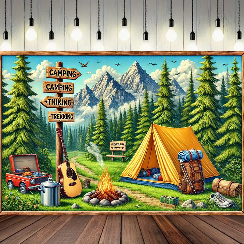 Outdoor Adventure Birthday Party - พื้นหลังการตั้งแคมป์และการผจญภัยกลางแจ้ง 1 ชิ้น ผ้าทอ ไม่จําเป็นต้องใช้ไฟฟ้า น้ําหนักเบา