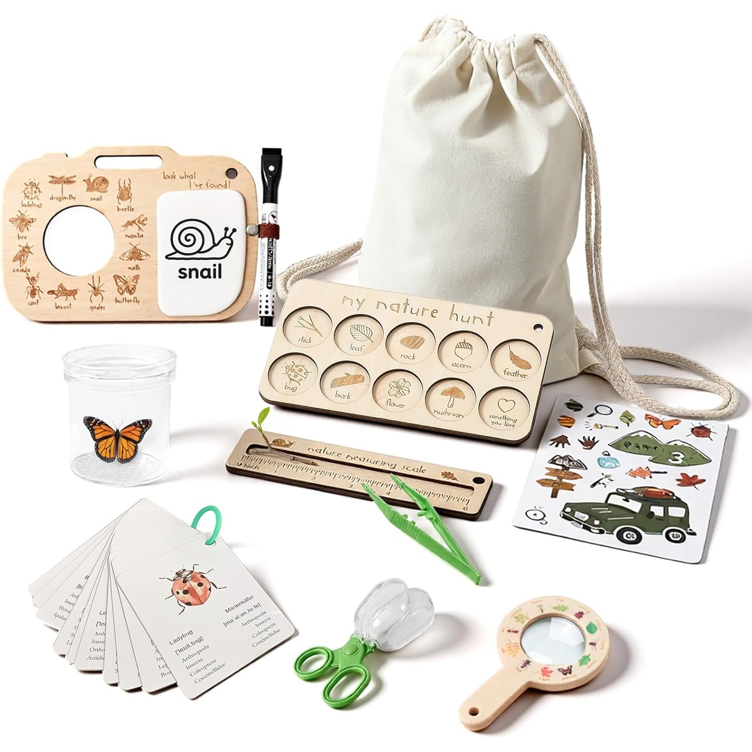 Outdoor Adventure Kit For Kids - ชุดจับแมลงสำหรับเด็ก พร้อมกล่องใส่แมลง การ์ดการเรียนรู้ และกระดานสังเกตการณ์ ของเล่นกลางแจ้ง ของขวัญผจญภัยตามล่าหาแมลง