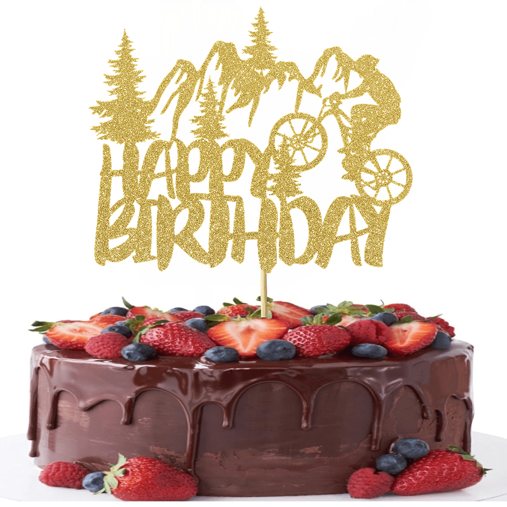Outdoor Adventure Birthday Party - ท็อปเปอร์เค้กสีทองวิบวับ 1 ชิ้น สำหรับตกแต่งเค้กธีมวันเกิด ปั่นจักรยาน ภูเขา