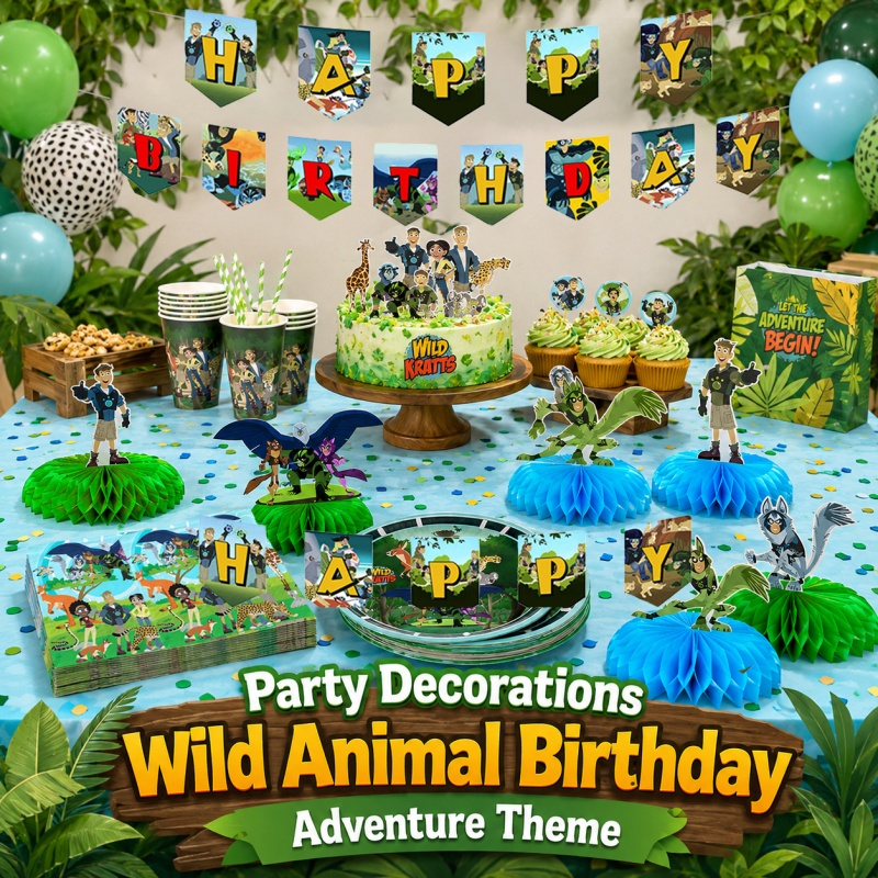 Outdoor Adventure Birthday Party - ปิกนิกวันเกิดไวลด์ครัตต์ส ชุดตกแต่งปาร์ตี้แบบพกพา สำหรับงานเฉลิมฉลองในร่มและกลางแจ้ง ธีมการผจญภัยสัตว์ป่าธรรมชาติสีเขียว